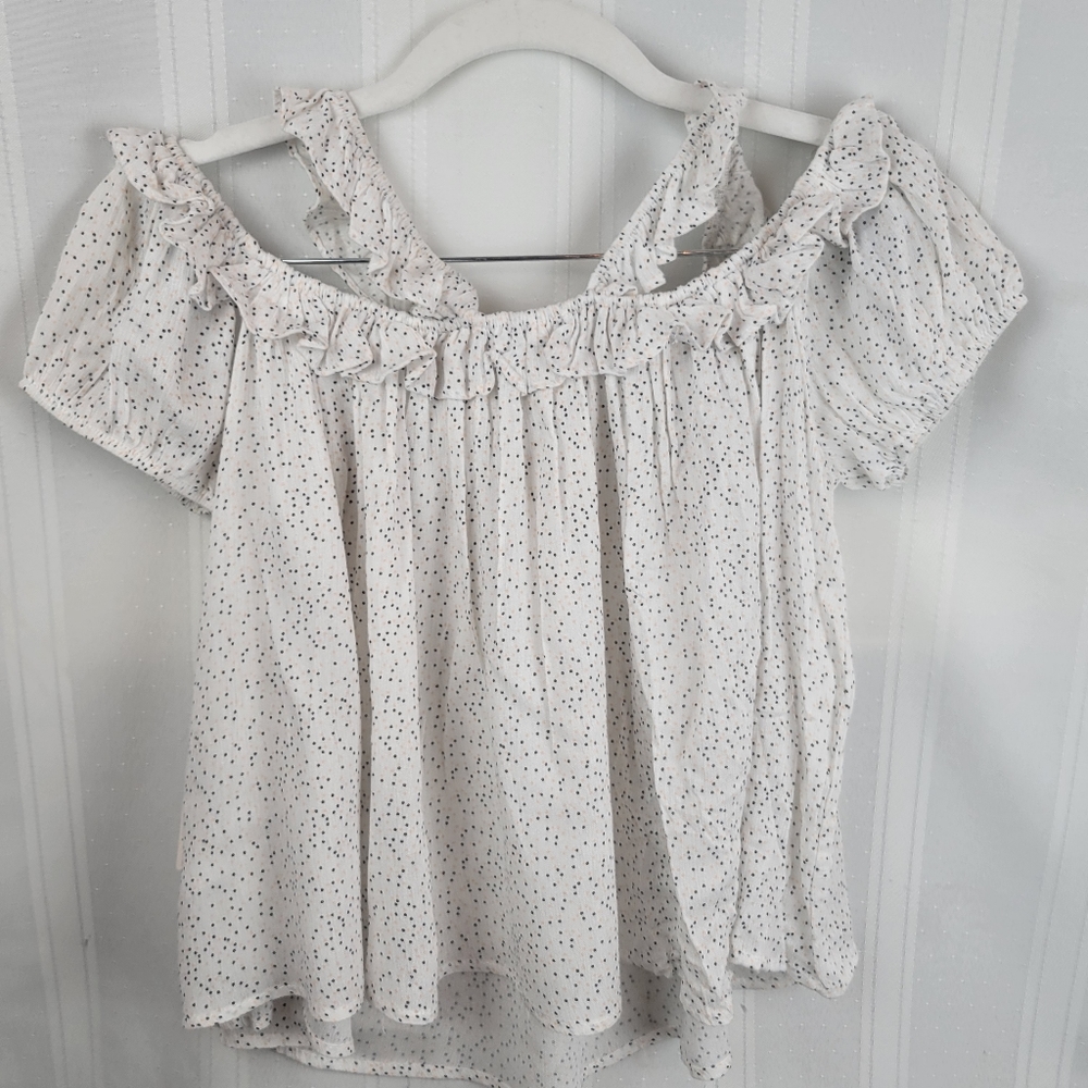 Melrose and Market Off the Shoulder Ruffle Top, Pindot White, Pink, Grey, Medium